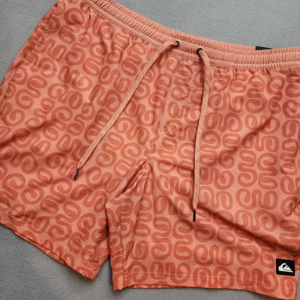 Quiksilver Men's Swim Trunks XL Orange Retro Print UPF 50 Stretch NWT $65